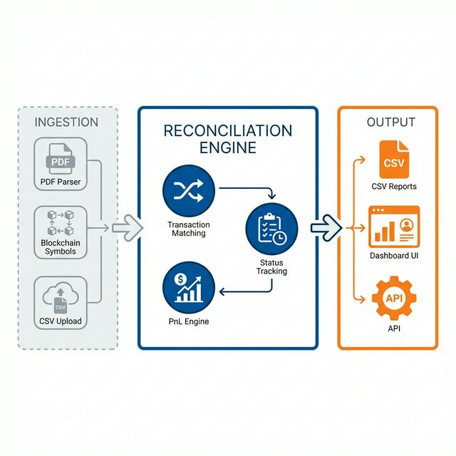 Architecture flow diagram showing three layers: ingestion, reconciliation engine, and output